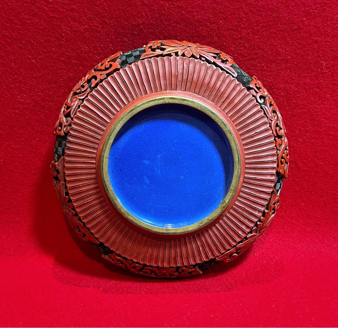 中国美術 古玩 堆朱 剔紅 漆彫 龍紋樣 寶相花紋樣 煙皿 置物