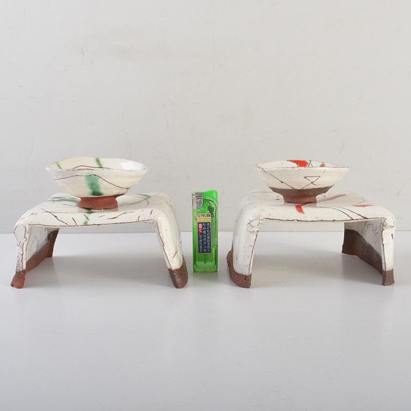 萬古焼　馬酔木窯　森正造　色絵　盃卓　一對　共箱　V　R7428