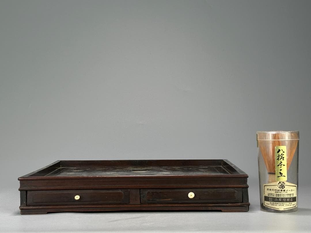 中国美術　清時代 花梨木　螺鈿嵌　双龍文　茶盤　引き出し付　書斎道具　李朝螺鈿