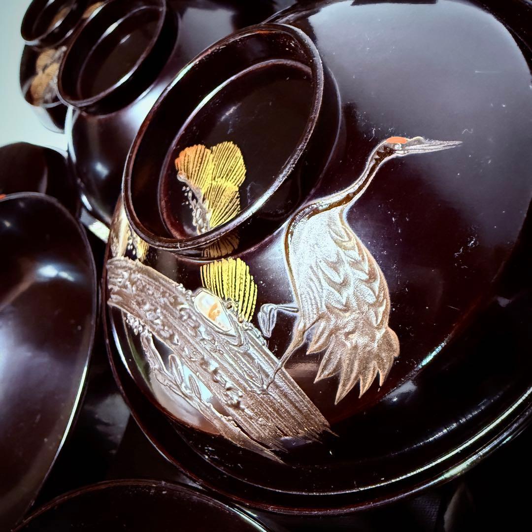 漆器 輪島塗 沈金 螺鈿 松鶴文 木製 蓋付椀 お煮物椀 吸物椀