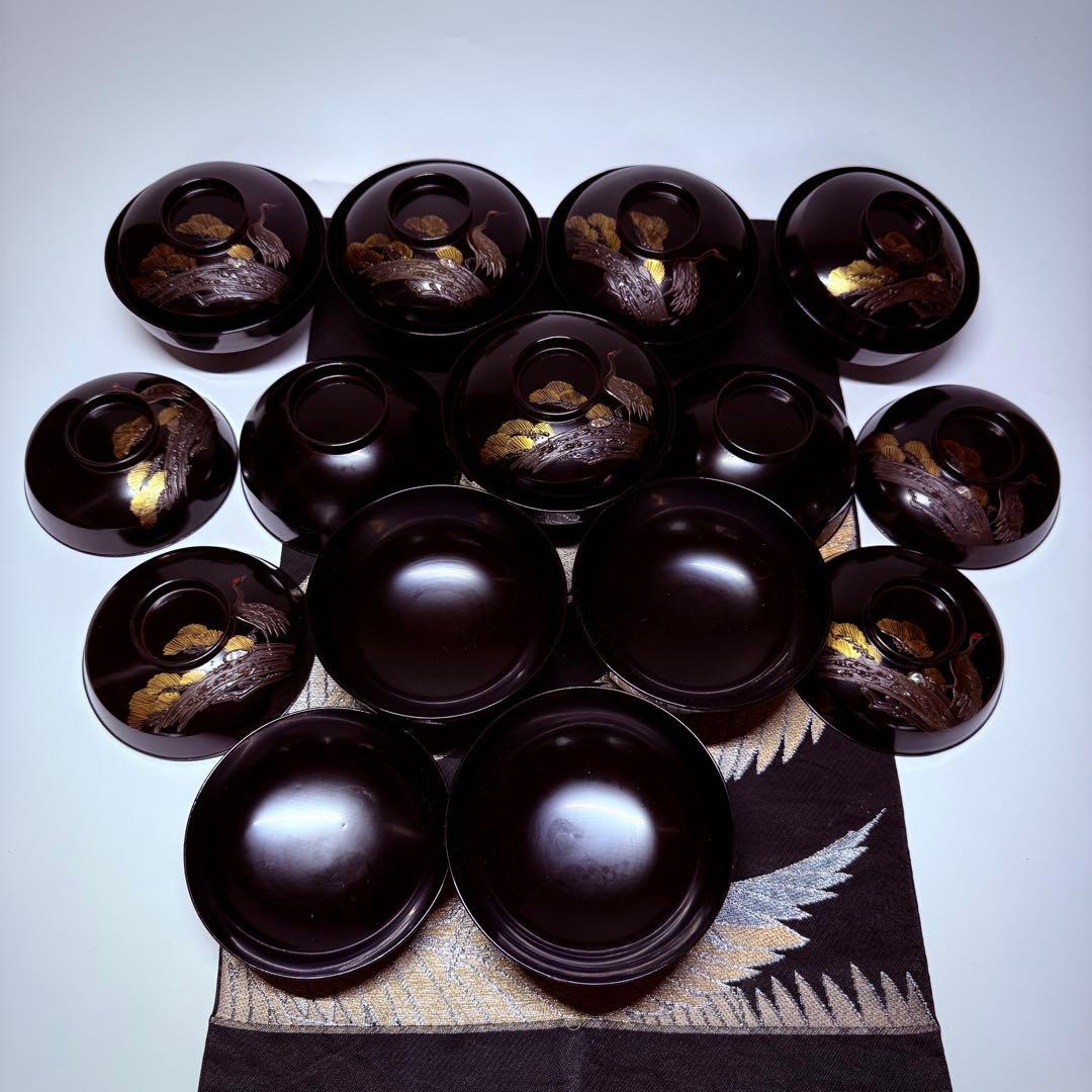 漆器 輪島塗 沈金 螺鈿 松鶴文 木製 蓋付椀 お煮物椀 吸物椀