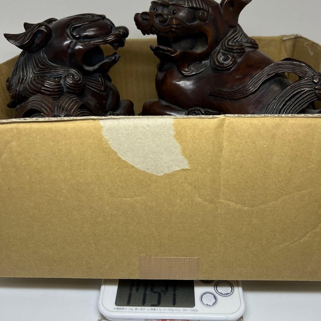 木彫 大振獅子 一対 1757g 東キ7-1218①