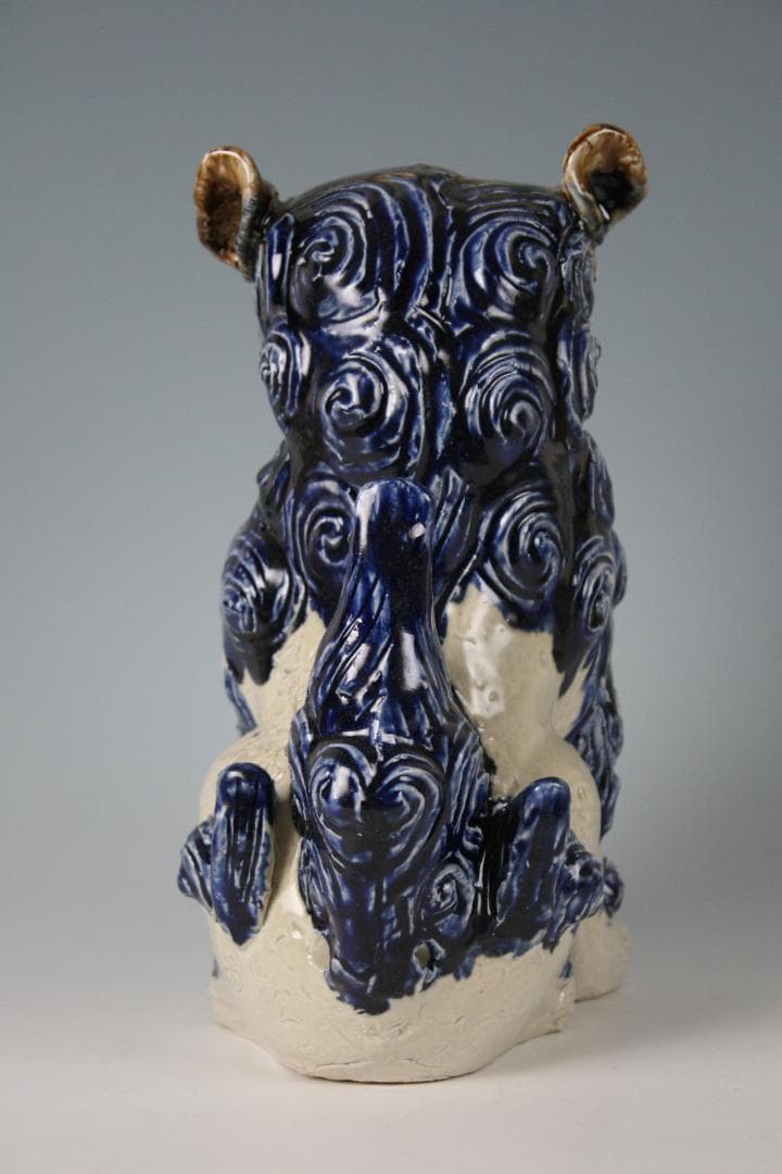 人間国宝金城次郎一門 金城敏徳 作 呉須色付立シーサー（中）1対