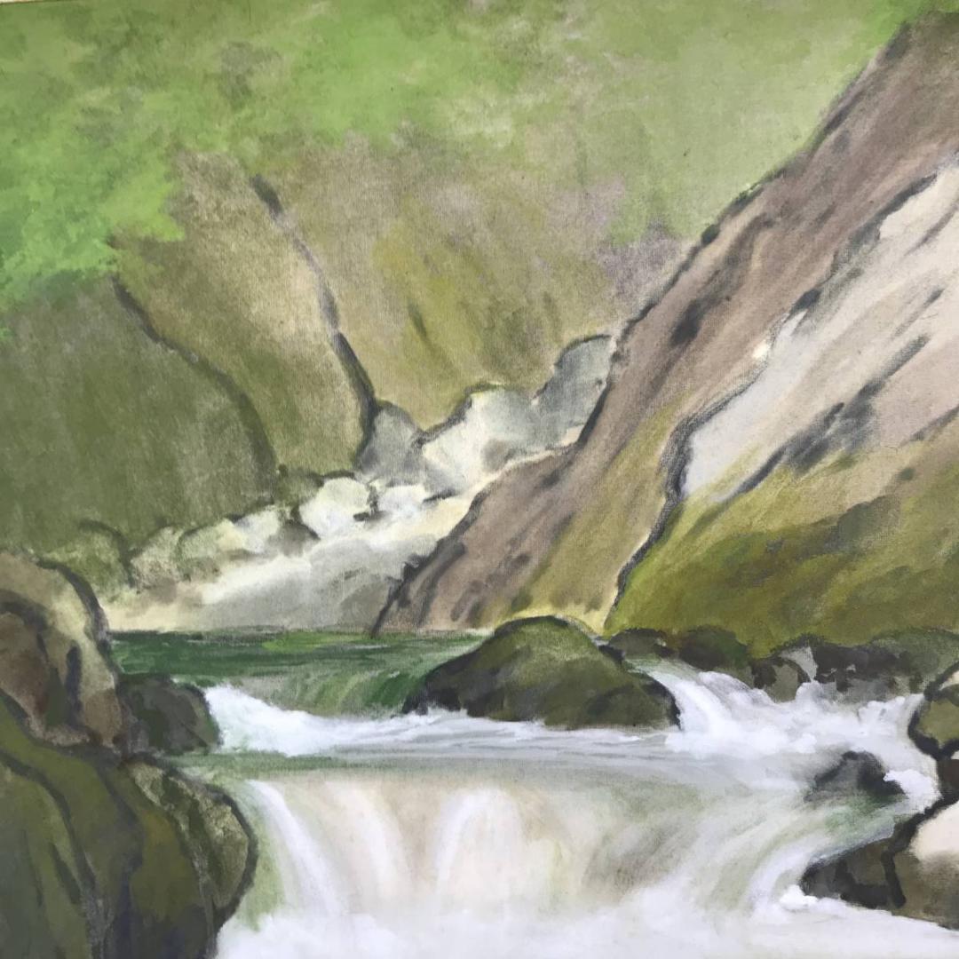 真作/水島裕/清流図/山水図/渓流図/横物/岩絵具/名家伝来