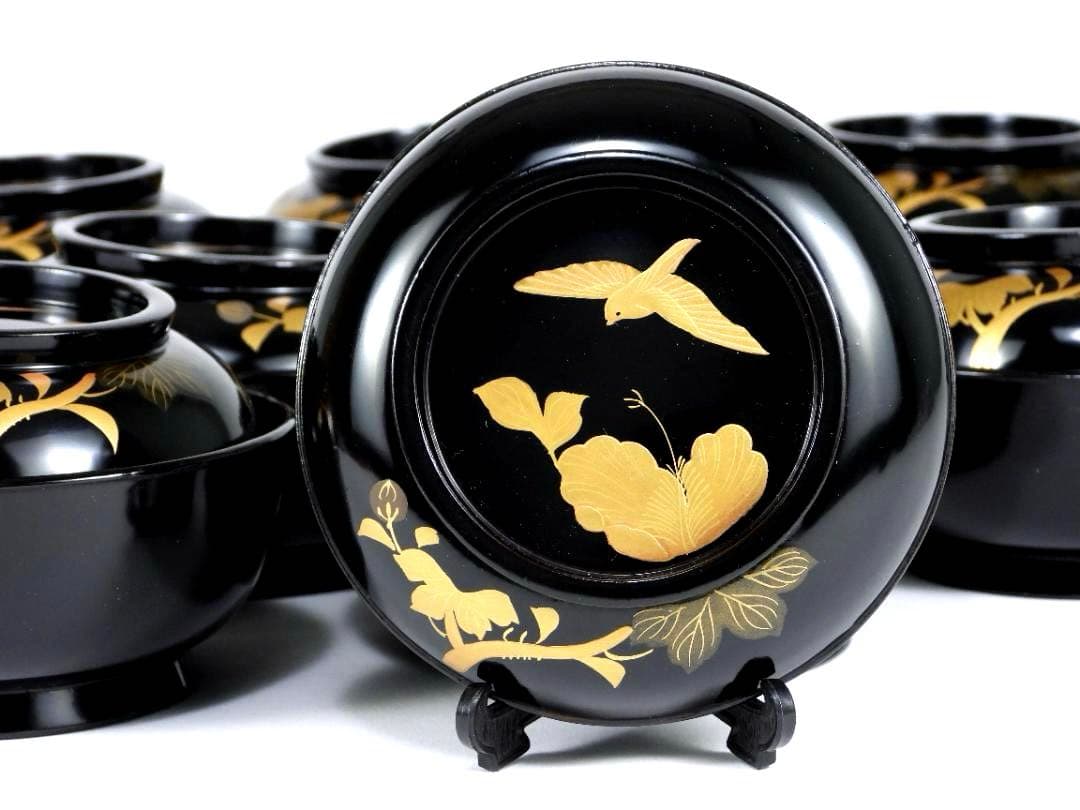 輪島塗 花鳥紋 金蒔絵 吸物椀 10客 蓋碗 漆芸 漆器 共箱