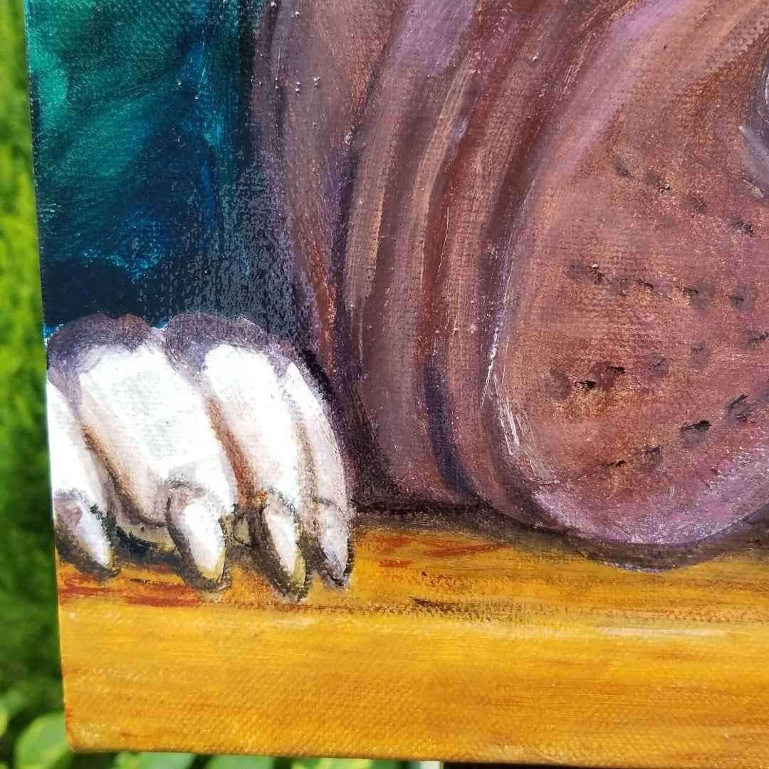 油絵 専用 窓からパパを見送る犬