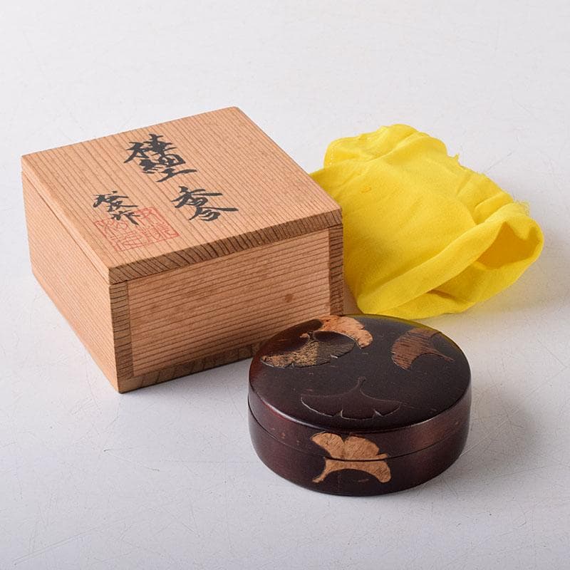 茶道具 伊藤松次作 桜樺細工 銀杏蒔絵 香合 共箱 V 8027 茶道具