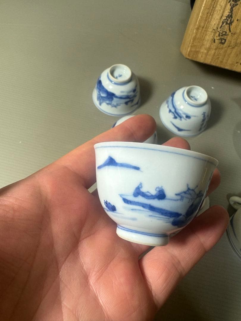 2340九谷焼　青九谷青花　染付山水　茶器セット　宝瓶1客　湯冷し1客　湯呑5客
