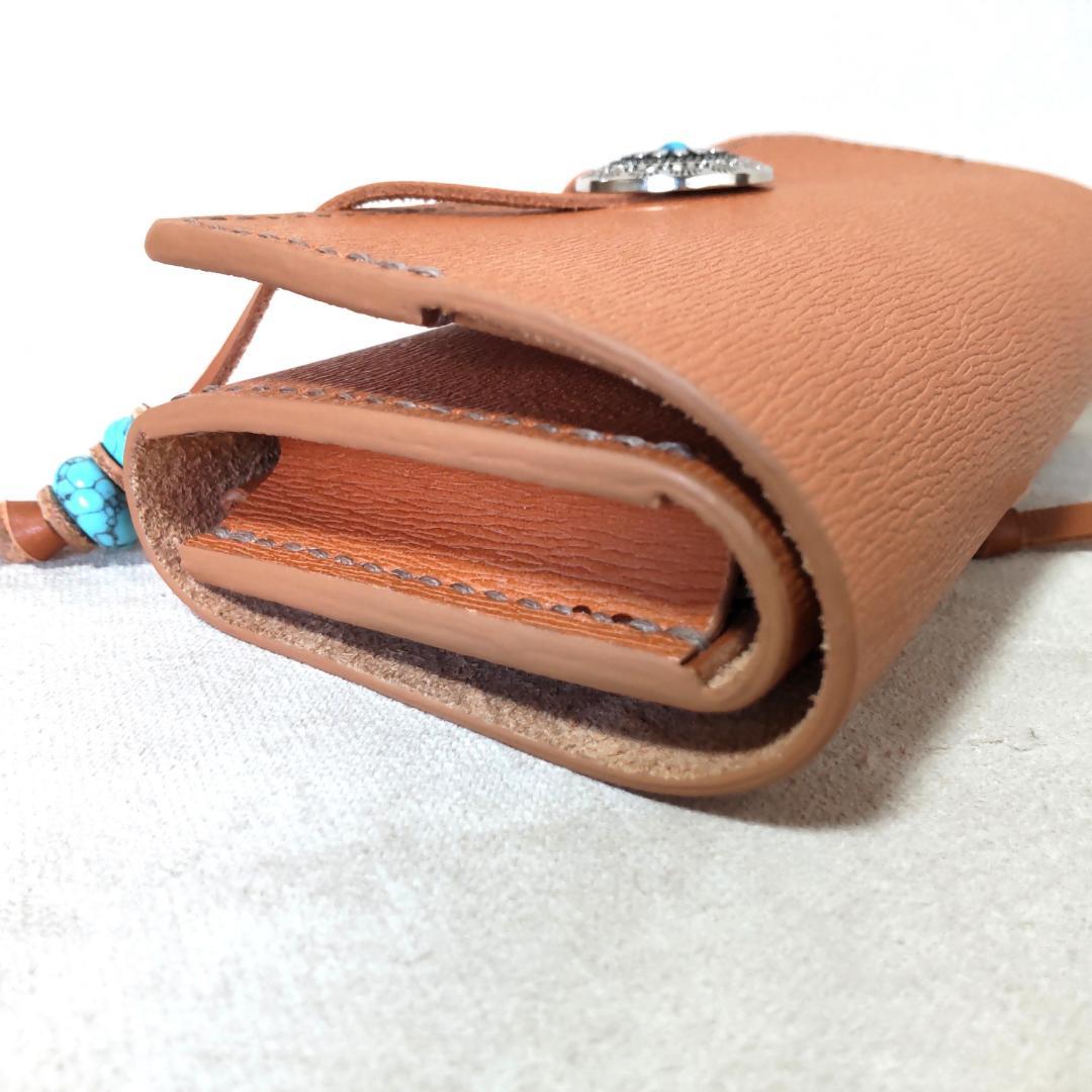 三つ折りシャグポーチ牛革（ペールオレンジ） コンチョ紐止め【T-04】