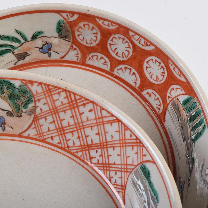 萬古焼 陶華園造 色絵 窓絵 山水人物花文 小皿 十客 共