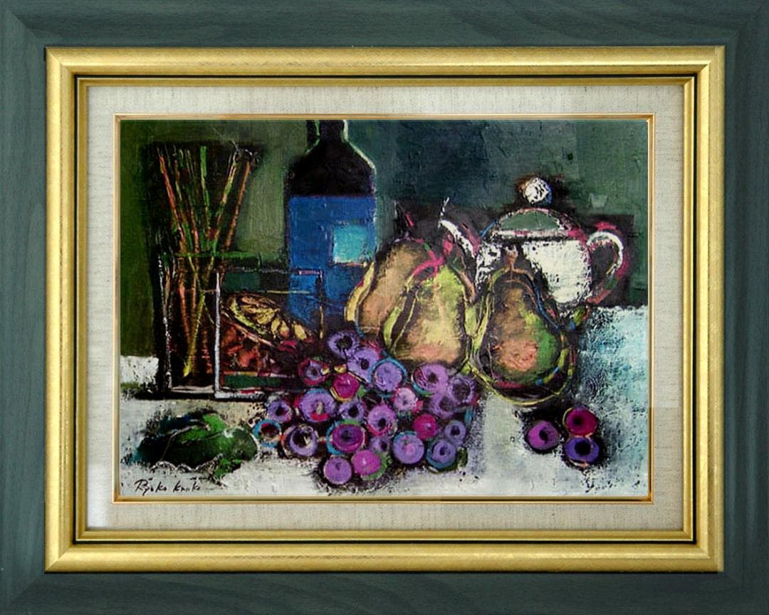 油絵 絵 絵画インテリア 額付(白) uF6-061504 果物 ワインポット