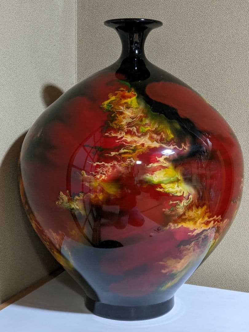 ♦九谷焼 佐野慧成作 炎舞 大花瓶 置物飾り ディスプレイ 昭和時代 骨董品