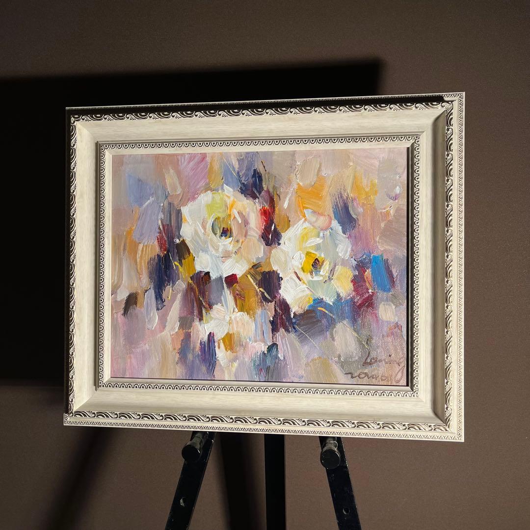 手書き油絵 ホワイトフラワー 額付 肉筆絵画 インテリア 油彩画 - メルカリ