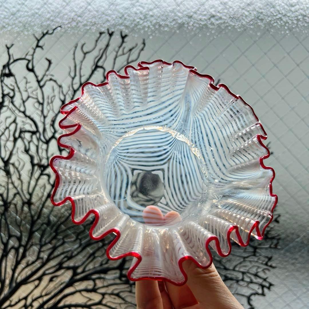 骨董 時代ガラス 超希少 金赤フチ 掻き揚げ模様 菓子器 氷鉢 ウラン