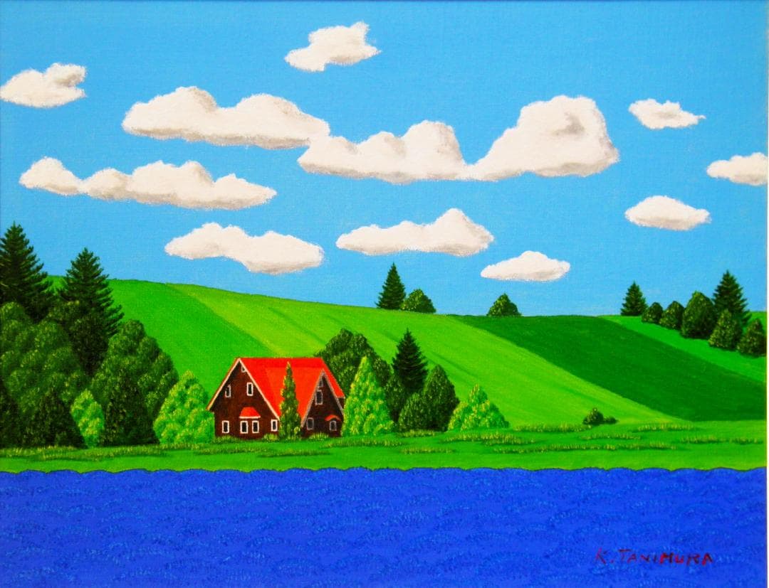 ★ラベンダー畑と赤い屋根の家・肉筆油彩画・F6キャンバス ☆ラベンダー畑と赤い屋根の家・肉筆油彩画・F6キャンバス