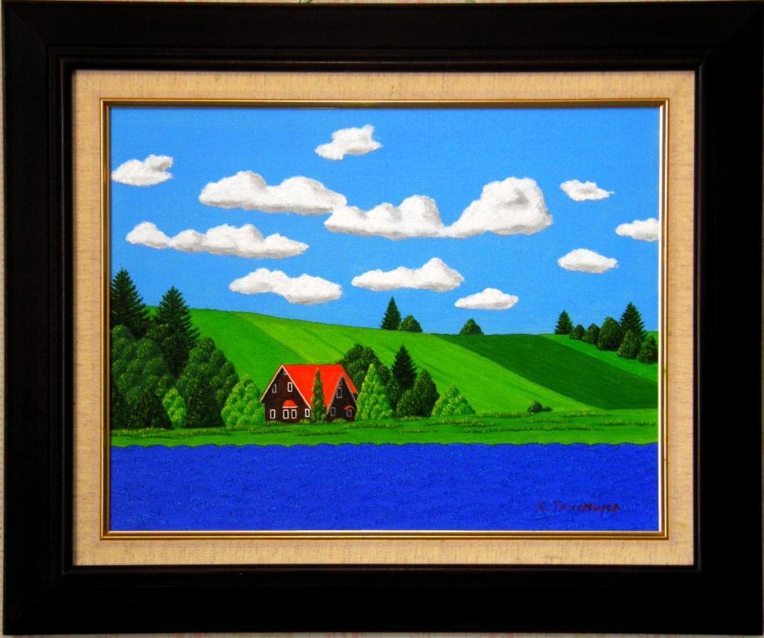 ☆ラベンダー畑と赤い屋根の家・肉筆油彩画・F6キャンバス