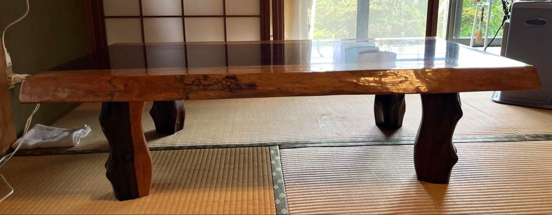 カリン材　花梨　一枚板　和テーブル　塗装済　脚取り外し可　送料込み