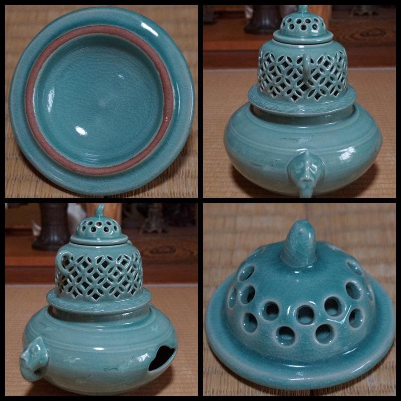 茶道具 銀光造 大型透かし七宝紋茶釜/雲鶴紋象嵌風炉セット 獣