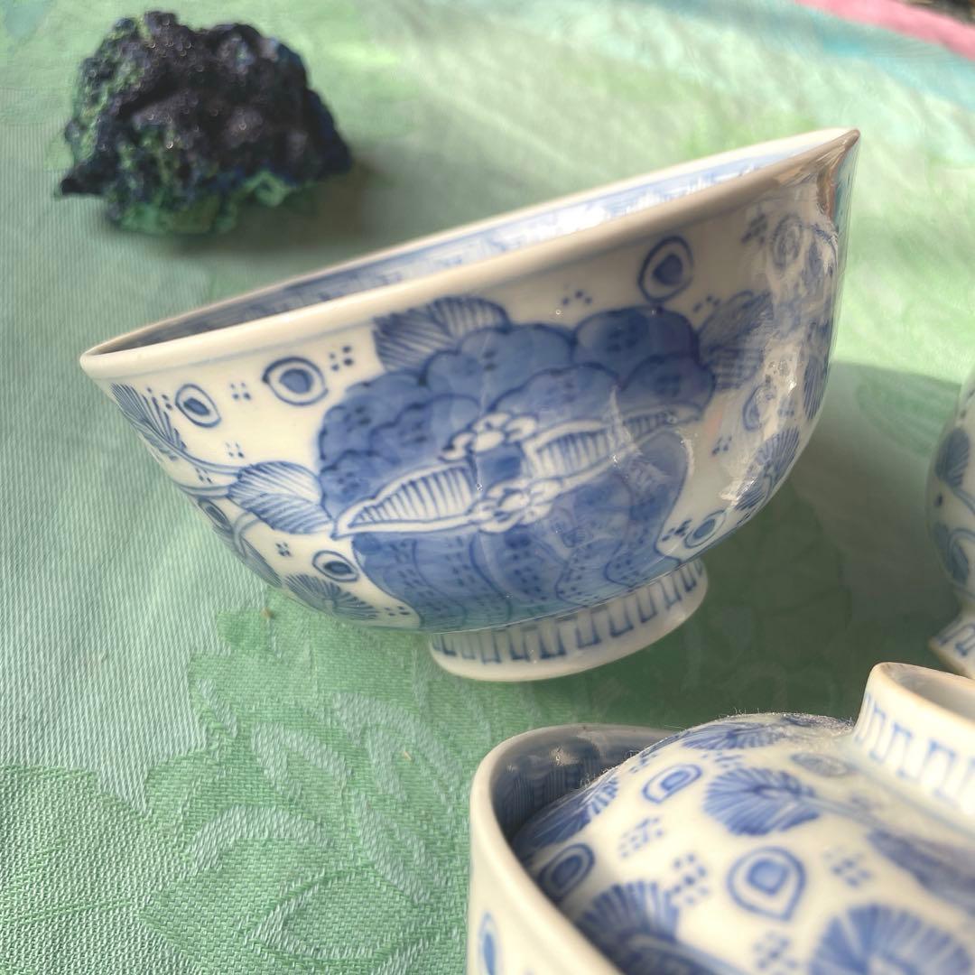 江戸時代 古伊万里 染付 孔雀 蓋付ご飯茶碗 3客