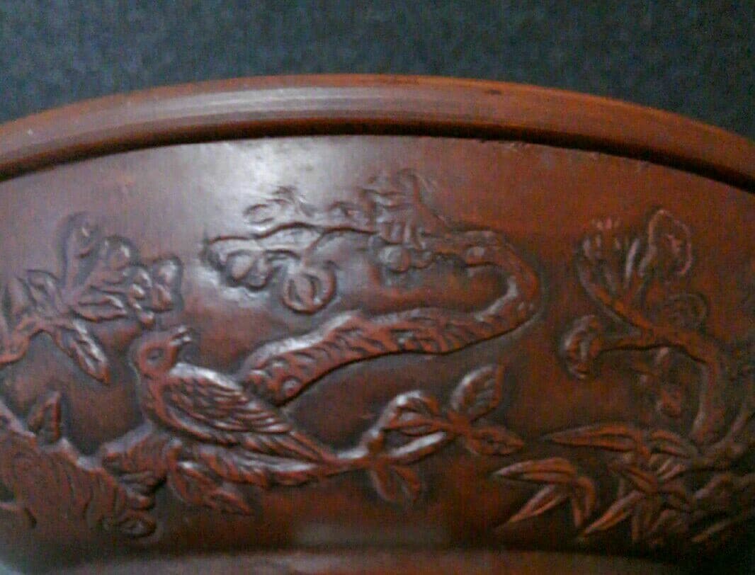 中国古陶磁器 清代 朱泥 漢詩 陽刻 浮彫 山水に花鳥図 鉢 筆洗