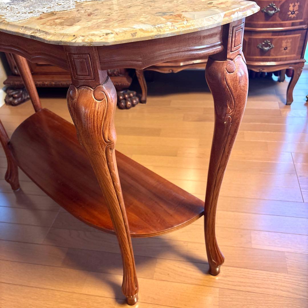 イタリア製 大理石 猫足コンソールテーブル、天使置物、真鍮コンポート