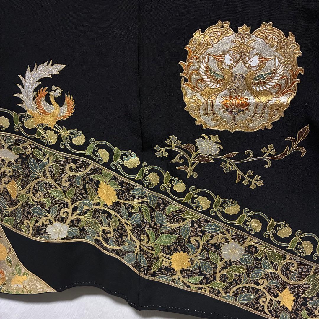 D7 黒留袖 鳳凰 唐草 金箔 正絹 着物 袷 極美品 最高級総刺繍の黒留袖