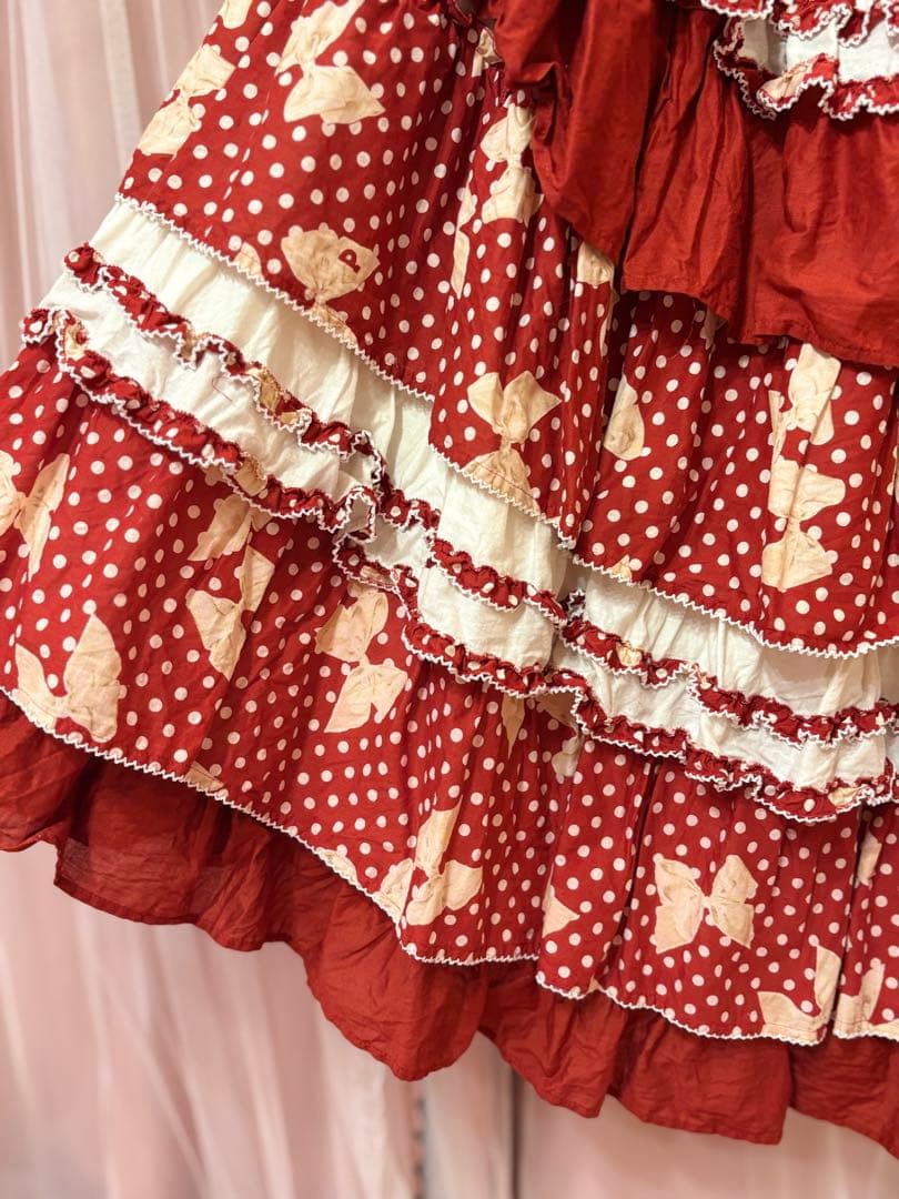 水玉りぼんプリントパッチワークスカート