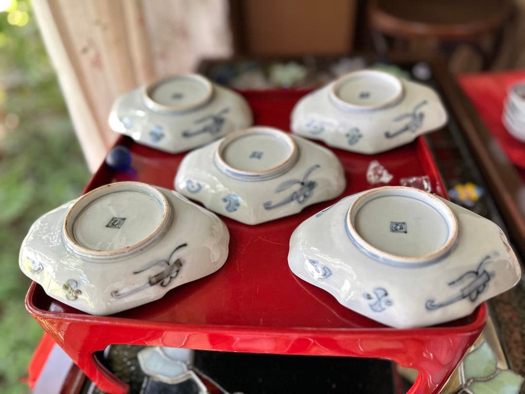 S様へ感謝お嫁入り‼️四季に麗し‼️伊万里錦手若松＆橙＆ふきよせ　兜菱形刺身皿 5客