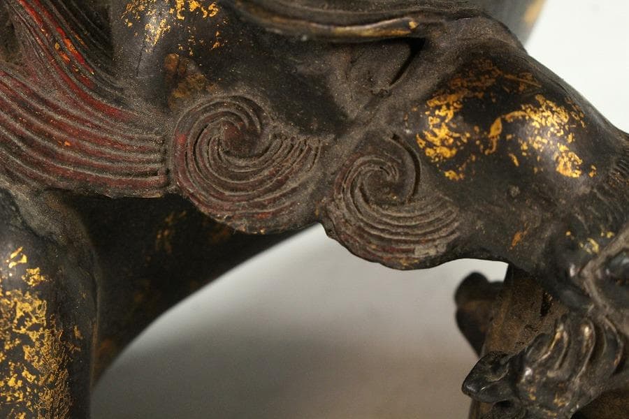 色絵銅 親子獅子 置物 24.5cmx14cm 時代物(K-XA771)