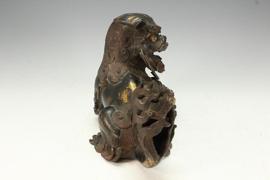 色絵銅 親子獅子 置物 24.5cmx14cm 時代物(K-XA771)