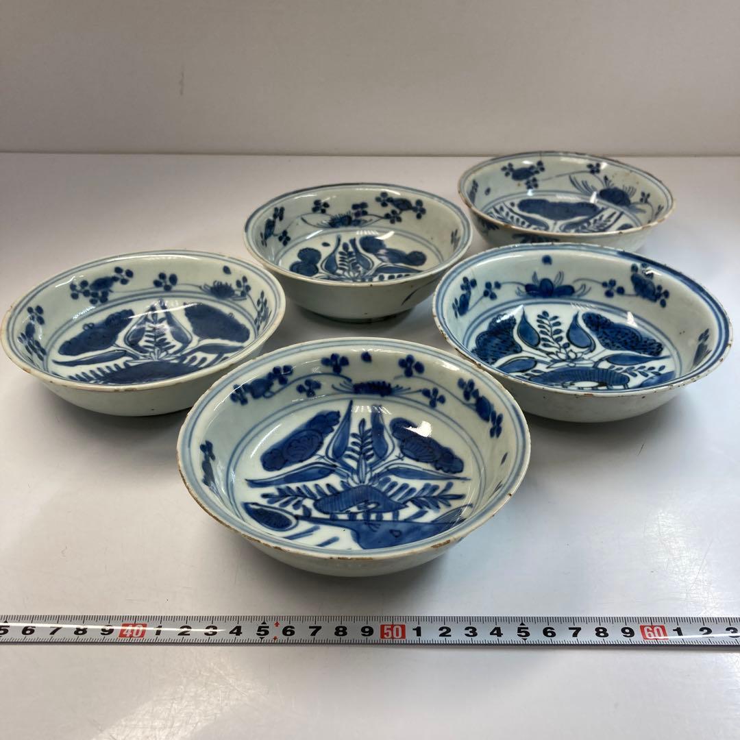 専用中国明時代　古染付向付5客　直径約14.5㎝　東Y6-0129☆2Fトトオカ