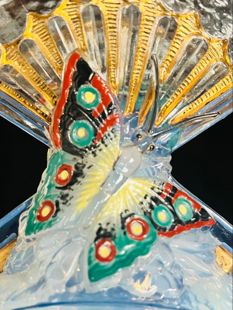 BACCARATバカラ /※極珍品 美品 上級多彩装飾 松蝶図扇形花瓶
