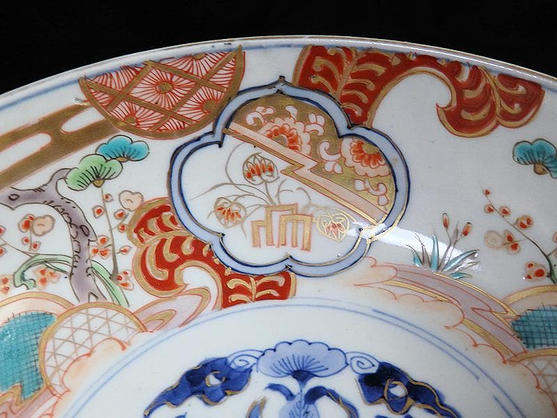 古伊万里 色絵 窓絵 双葉葵に源氏香 竹垣に松の図 深