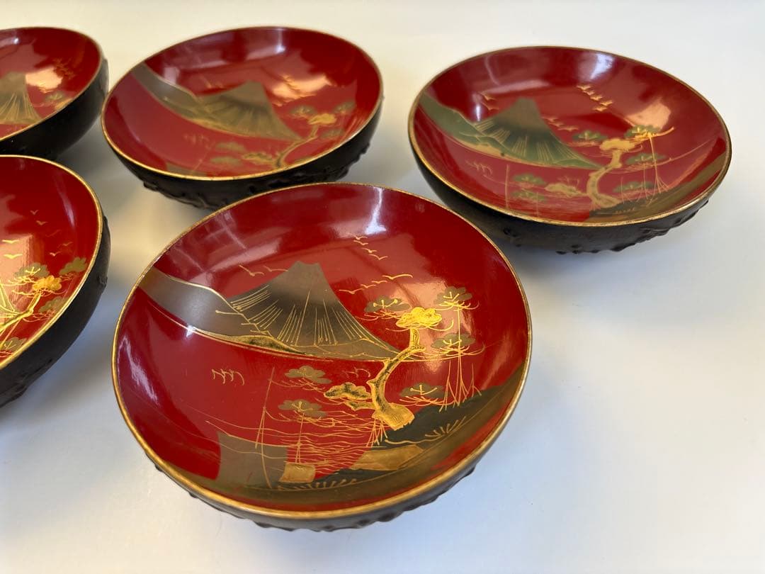 明治、大正期　会津塗　鉄錆塗　蒔絵　富士山　木製　蓋付き　お椀　梅鶯　内朱　5客