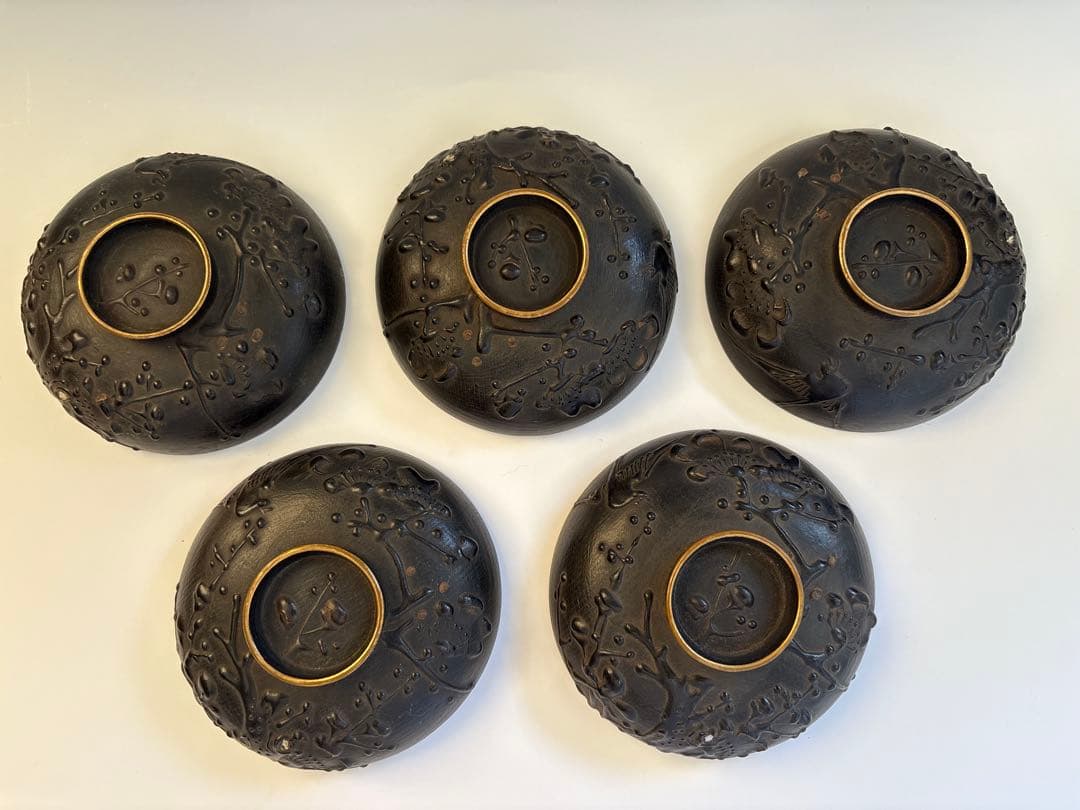 明治、大正期　会津塗　鉄錆塗　蒔絵　富士山　木製　蓋付き　お椀　梅鶯　内朱　5客