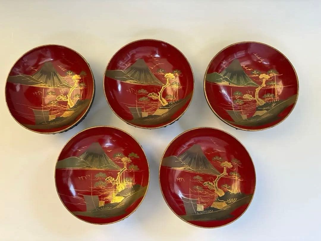 明治、大正期　会津塗　鉄錆塗　蒔絵　富士山　木製　蓋付き　お椀　梅鶯　内朱　5客