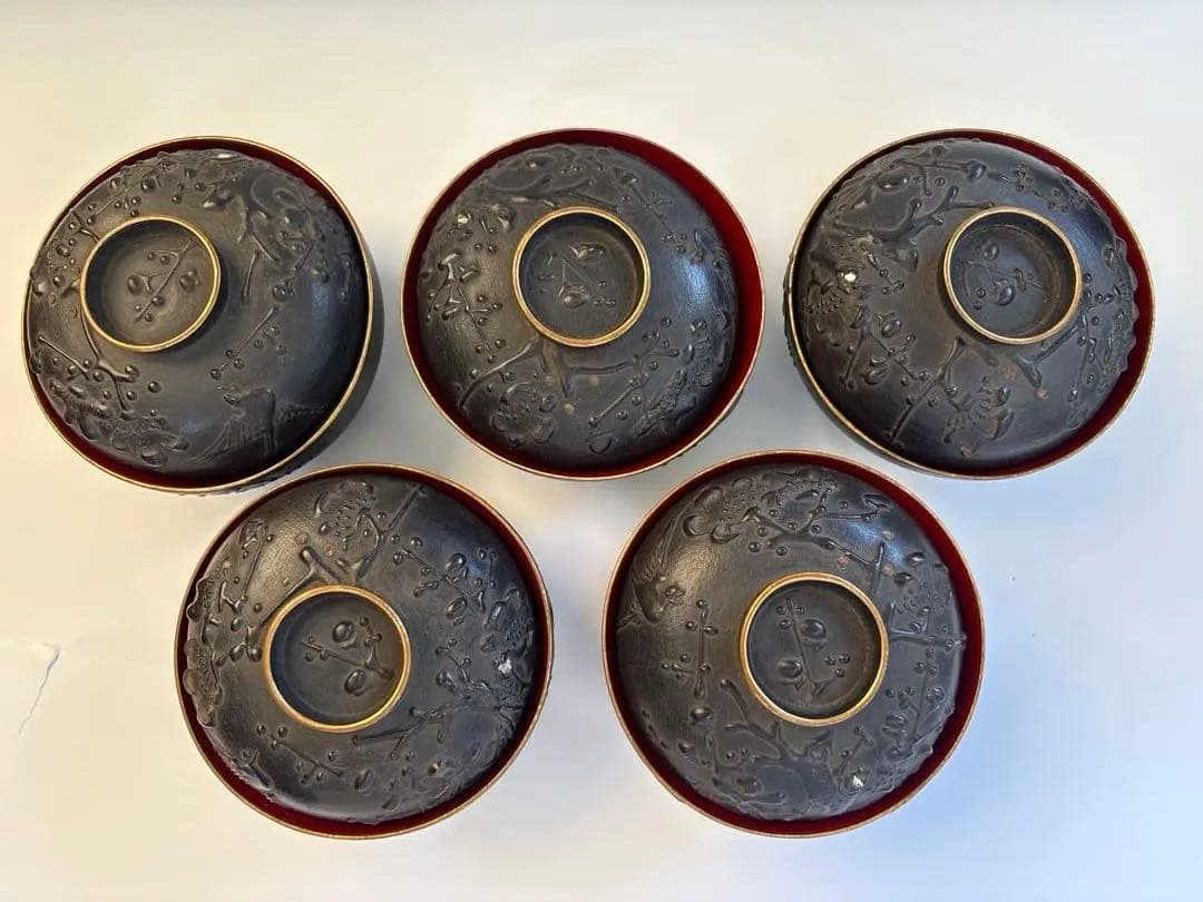 明治、大正期　会津塗　鉄錆塗　蒔絵　富士山　木製　蓋付き　お椀　梅鶯　内朱　5客