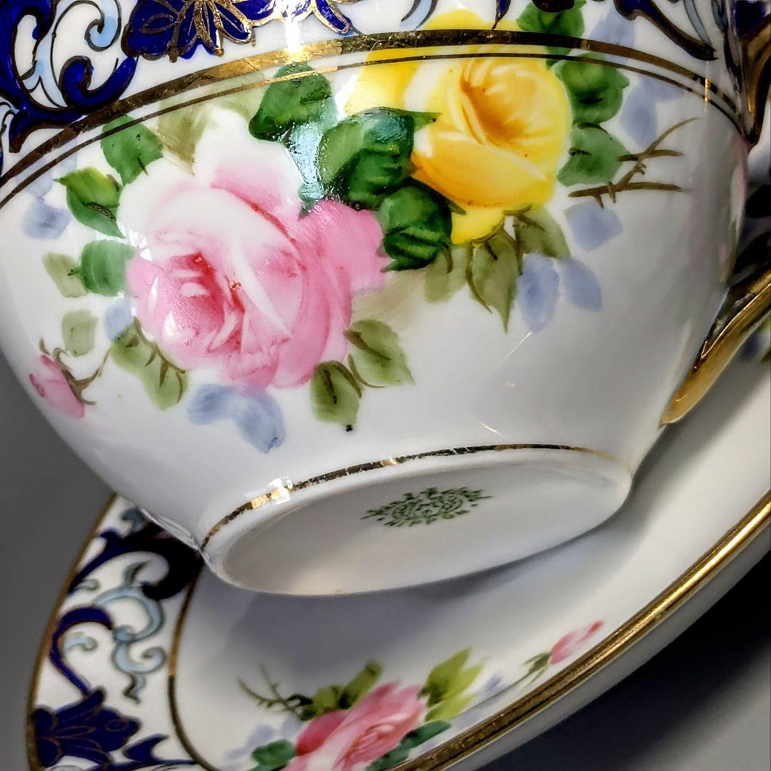オールドノリタケ銘品!! 金彩藍帯薔薇図紋 キャビネットカップ＆ソーサー
