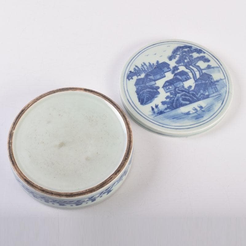 中国 書道具 青花 山水文 式陶硯 V 8477