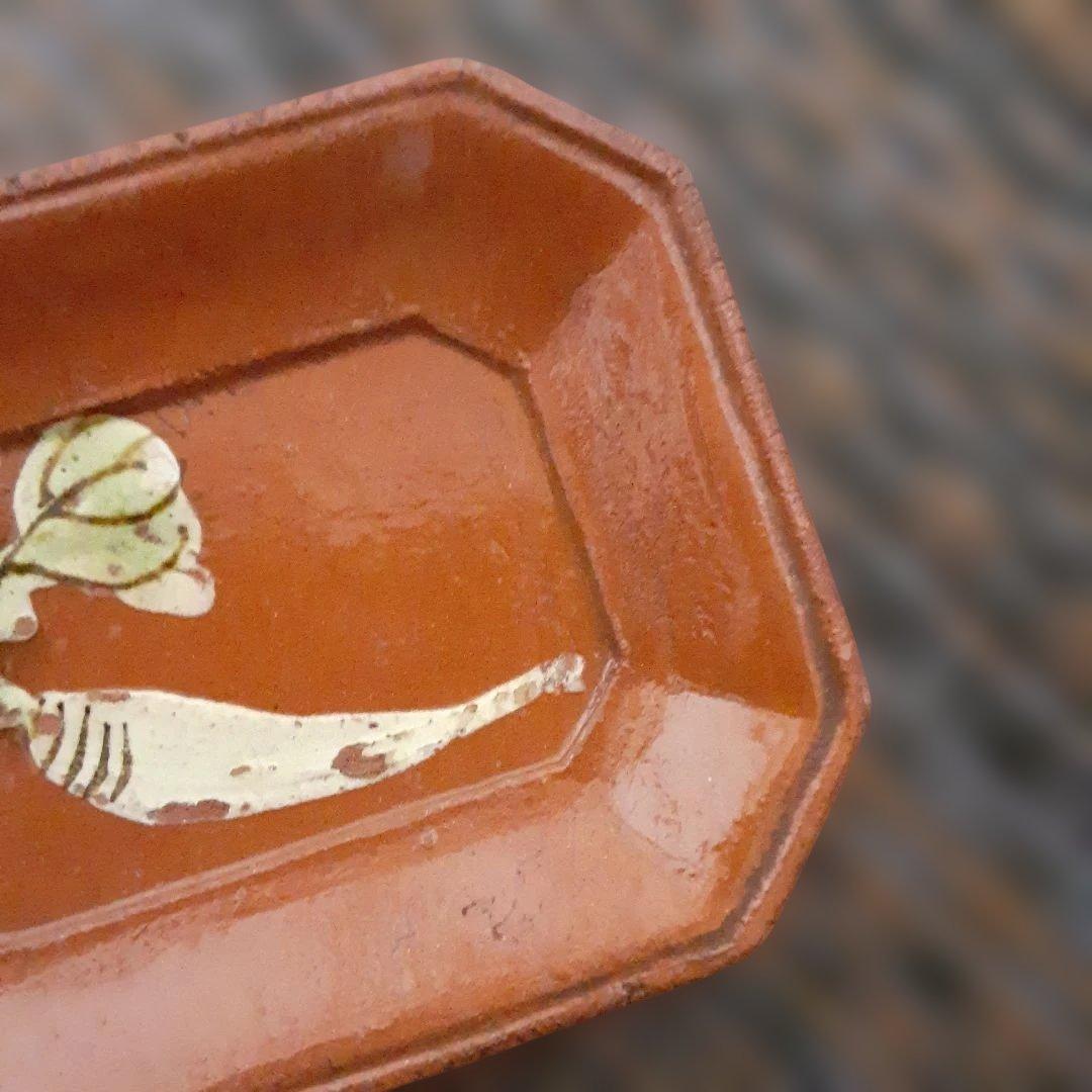 江戸骨董隅切長方豆皿「霞晴山」銘京楽焼/手描大根