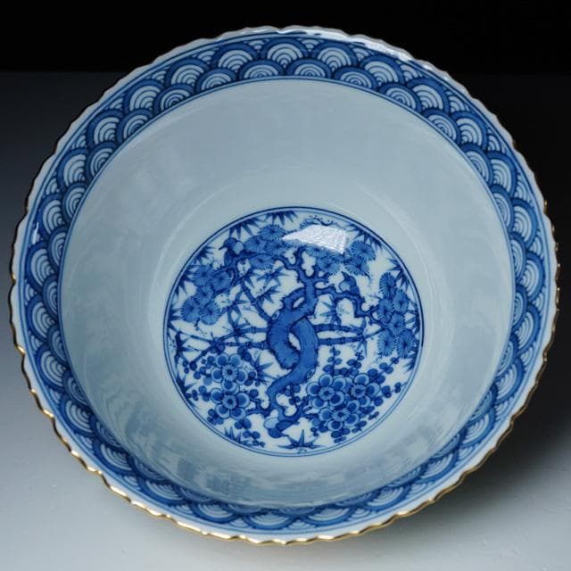 久世久宝青金襴手牡丹唐草菓子鉢共箱茶道具菓子器京焼染付磁器