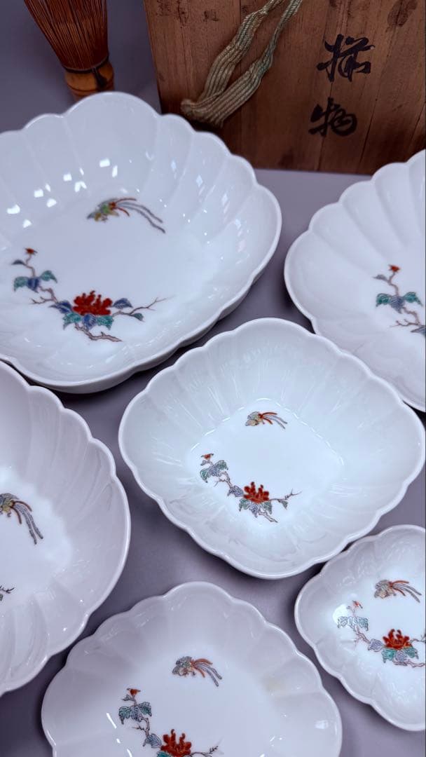 大正～昭和初期　十二代　酒井田柿右衛門　牡丹鳳凰画　揃物　渦福　共箱　合資会社