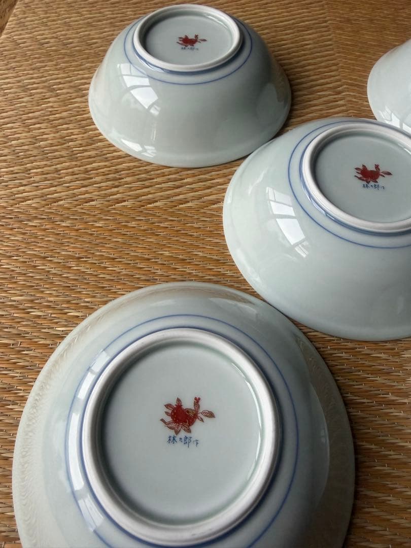 林九郎窯 有田焼 波佐見焼 赤絵 金彩 牡丹 松竹梅 5客