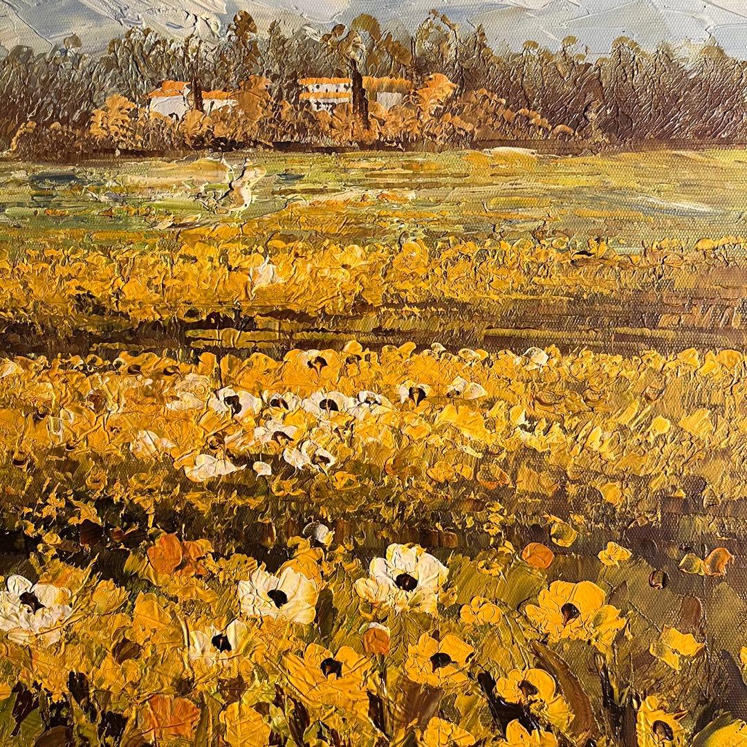 手書き油絵 3枚組 コスモス畑 肉筆額付 額付き 絵画 インテリア 油彩