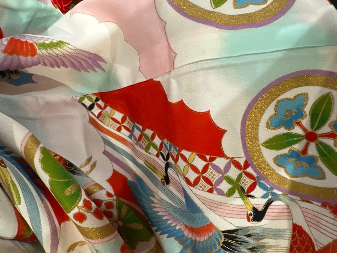 正絹　七五三 赤と白の鶴模様 着物　レトロ　フルセット