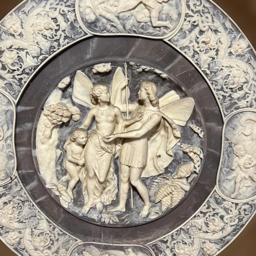 お宝 希少インコレイストーン彫刻 円形プレート アンティーク値下げ