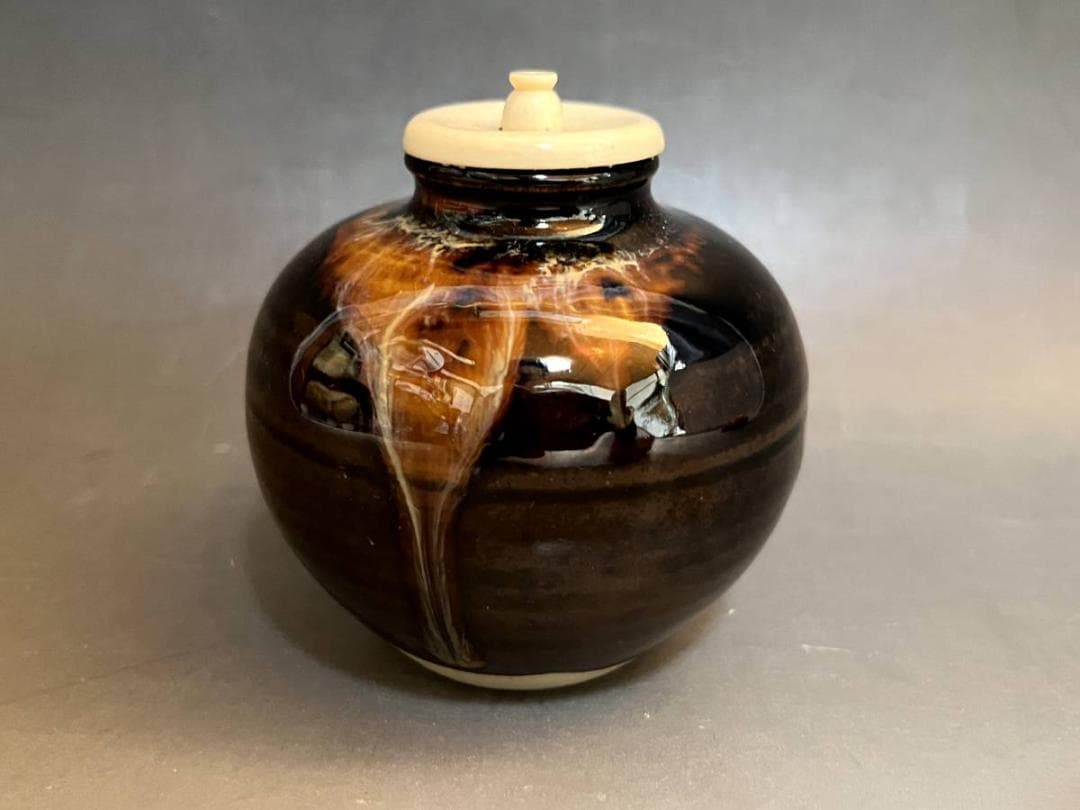 茶入□文琳茶入【洛東定一作】飴釉 糸切高台 お茶道具