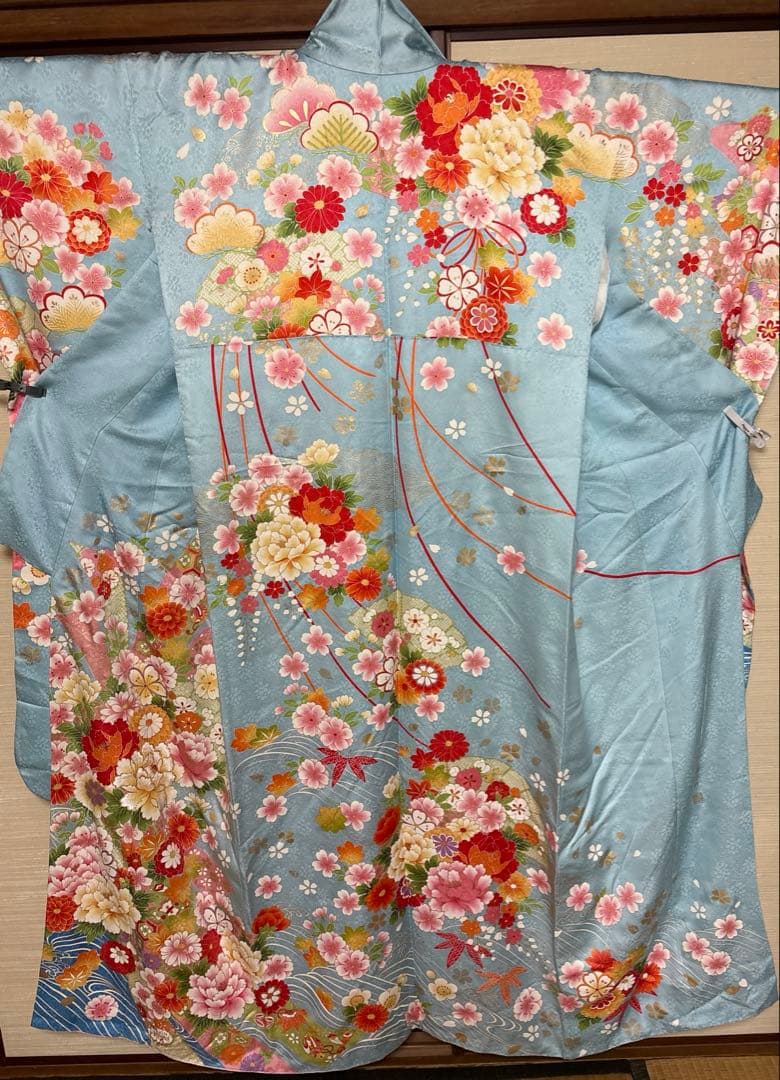 天色 牡丹花々柄 振袖 身丈157