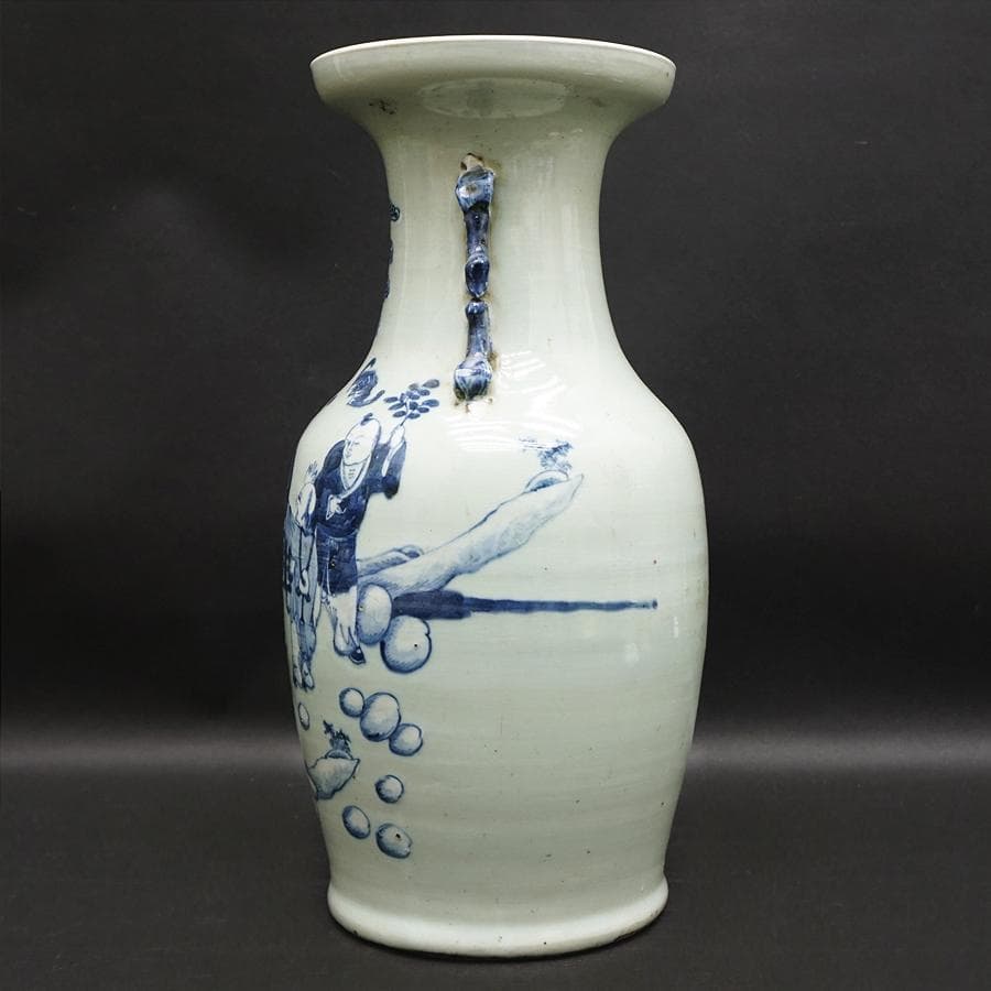 中国古玩 双耳付染付花瓶 唐物 壺 花生 高さ43cm 時代