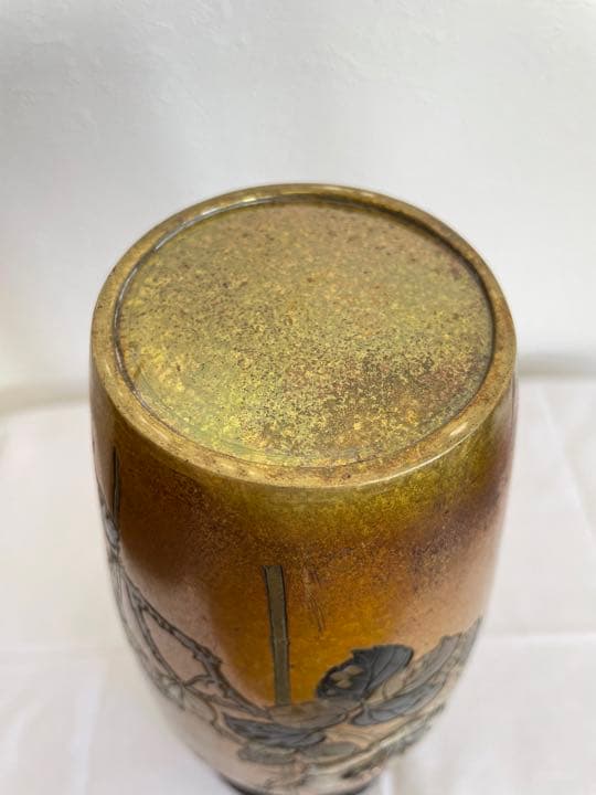 芳廣刻 彫金 花瓶 バラ 鳥 台座付 共箱なし アンティーク ビンテージ